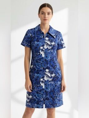 Vibrant Blue Floral Mini Dress with Collar